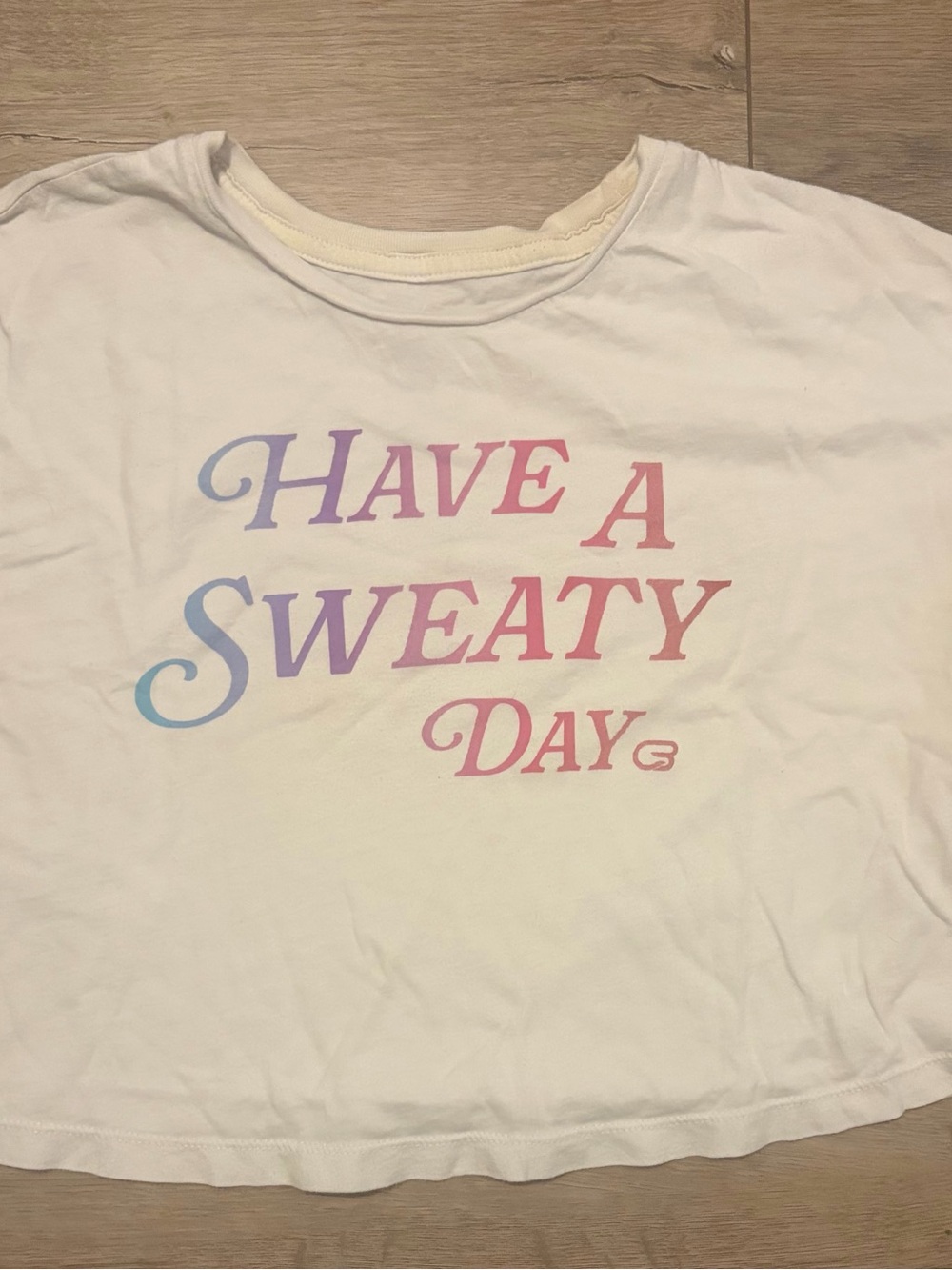 Cyclebar White Crop Top with Pink and Lavender Ombre Text